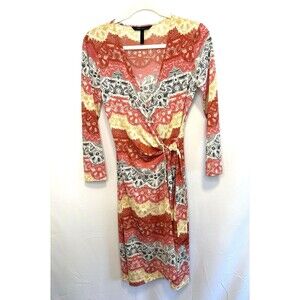 BCBGMAXAZRIA Geometric Multicolor Wrap Dress Office Boho Feminine Retro Travel S